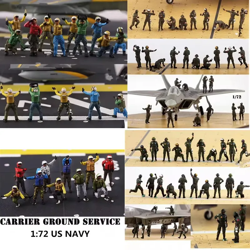 1:72 Scale Model 10 Pcs Action Figure Air Force Pilot Command Aircraft Carrier Ground Service Handling Toys DIY Scene Accessory