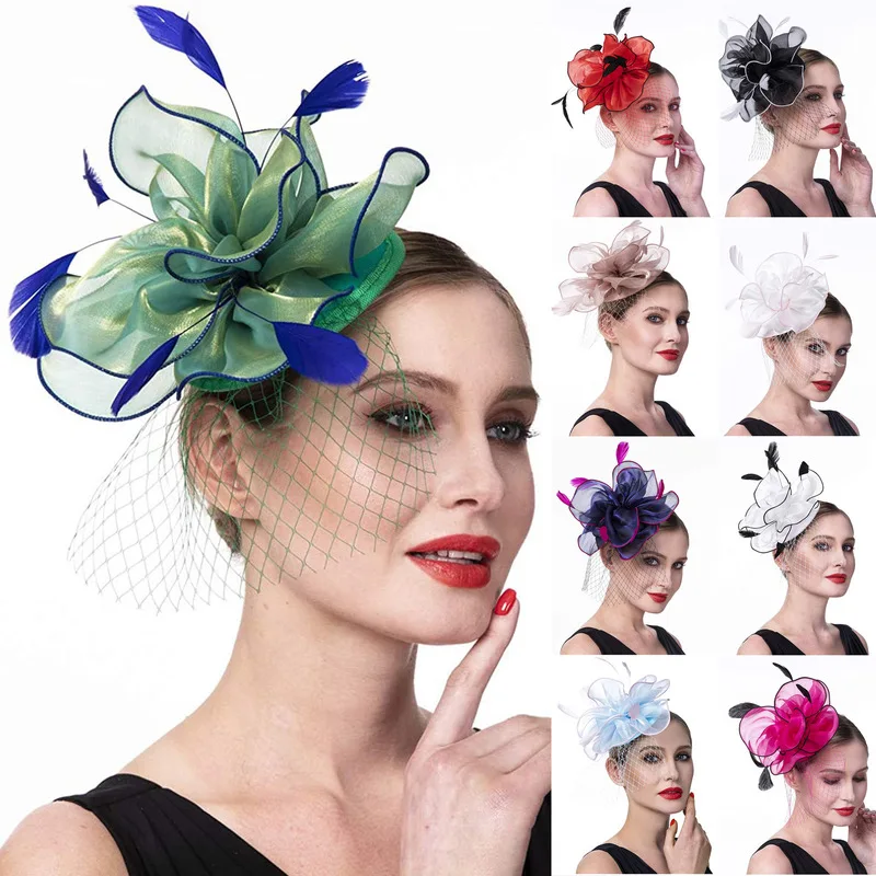 Performance headwear, lace, mesh feather mini-hat, hairpin, European and American retro party hair accessory