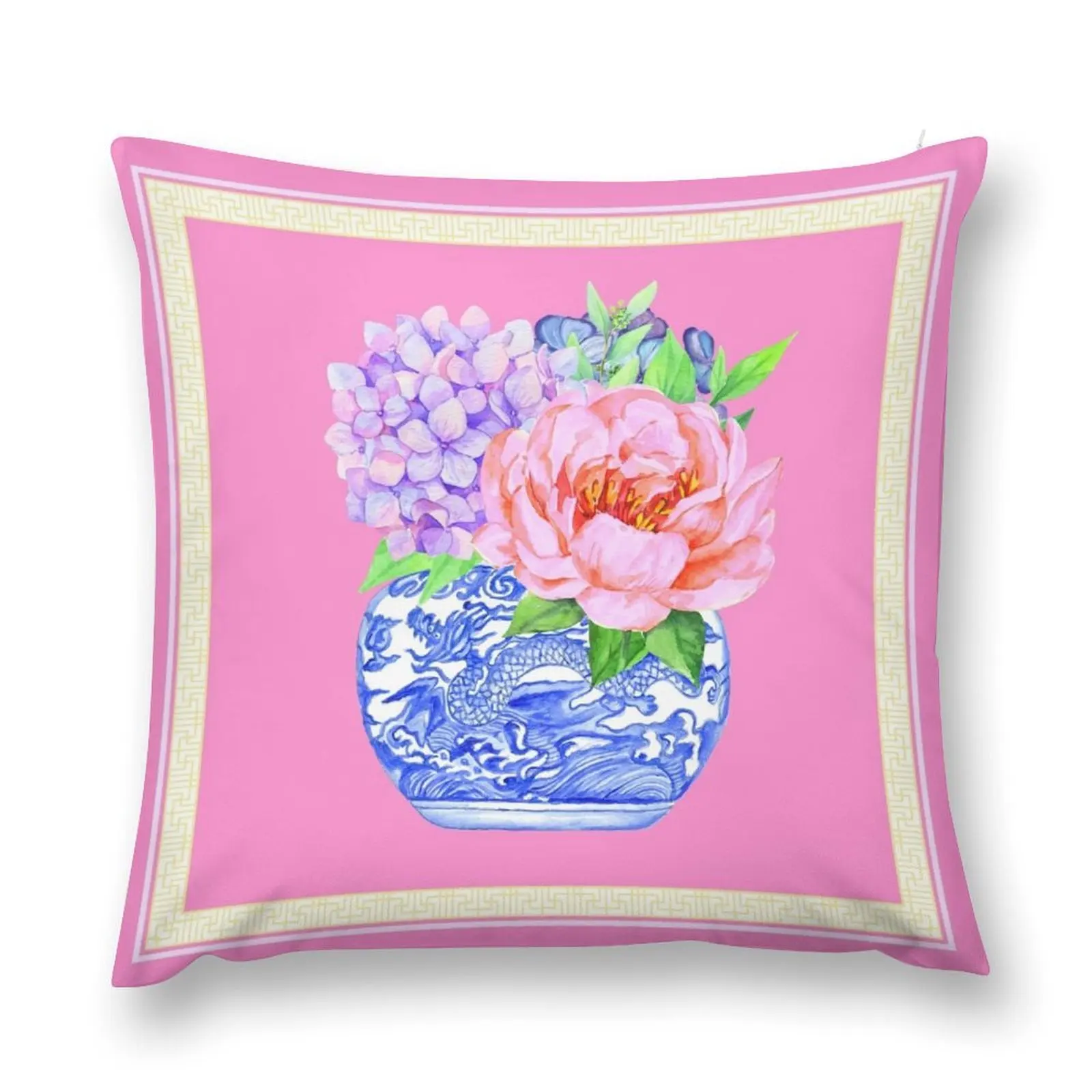 

Mother's Day Gift: chinoiserie hydrangeas and peony bouquet in ginger jar porcelain Throw Pillow Pillow Case pillow