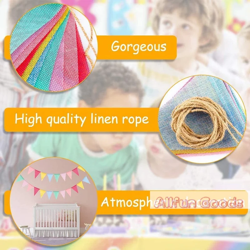 4M Colorful Jute Linen Flags Pennant Birthday Bunting Banners Wall Hanging Wedding Hanging Banner Party Garland for Home Decor