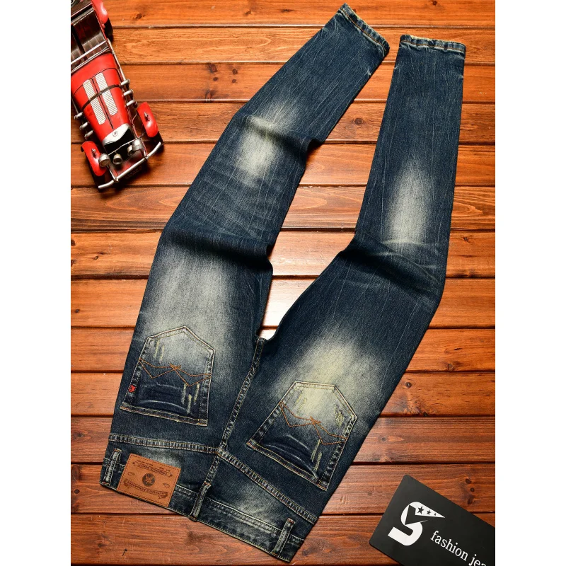 

Модные мужские джинсы 2025, новые облегающие эластичные ностальгические джинсовые повседневные трендовые корейские синие брюки в стиле ретро