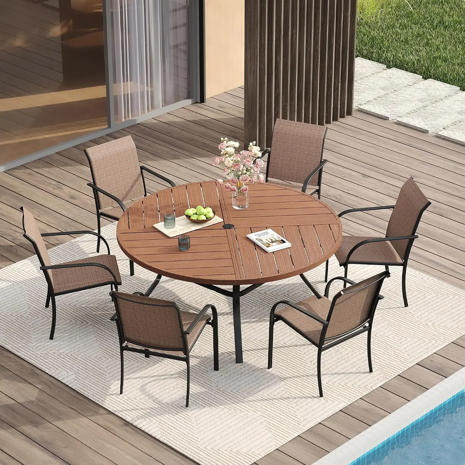 Patio Table and Chair Set of 6, All Weather Metal Round Outdoor Dining Furniture Set-50 Round Outdoor Table and, Customized