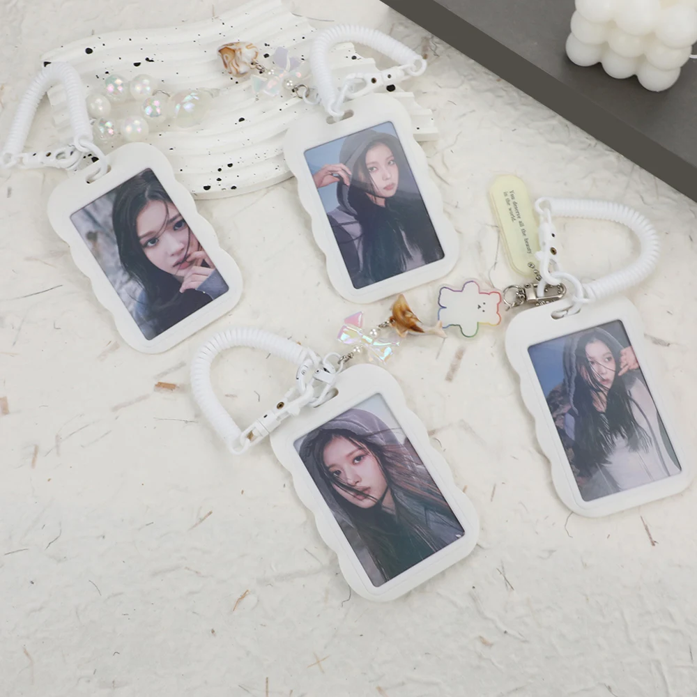 White Photocard Holder Students Sliding Photo Sleeves Cute Photocards Protector With Anti-Loss Chain Campus Card Set For Girls