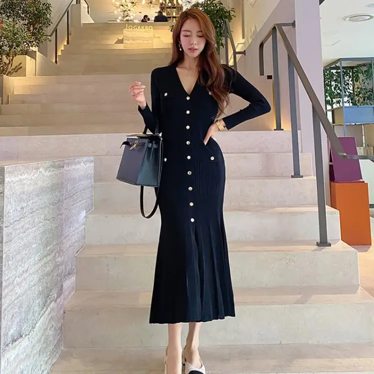 

Autumn 2023 Maxi Dresses for Women Party Long Sleeve V-neck Mermaid Dress Elegant Vintage Korean Fashion Ladies Vestidos Femme