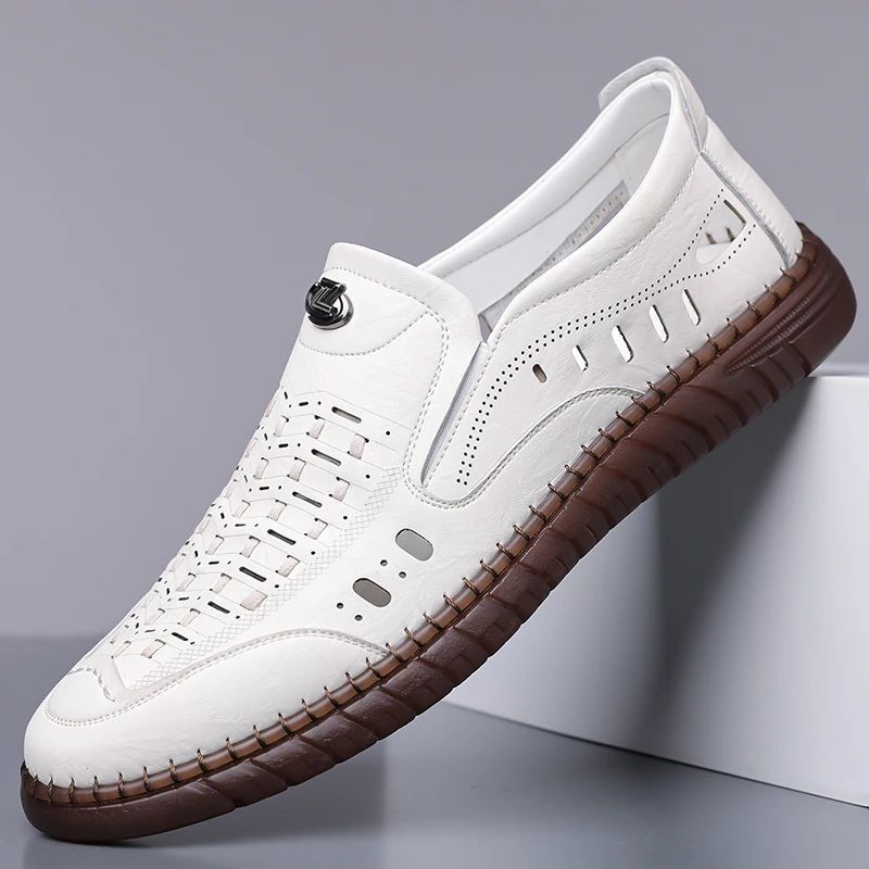 Men's Slip-On Hollow Out Loafers, Summer Breathable Cutout Shoes, Non-Slip Driving Footwear for Outdoor Use-XH501
