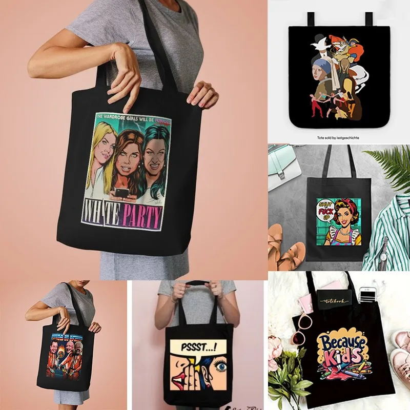 

Bold Retro Pop Art Tote Bag Fashion Black Printing Foldable Handbags Shopper Shoulder Bags Canvas Tote Environmental Handbag