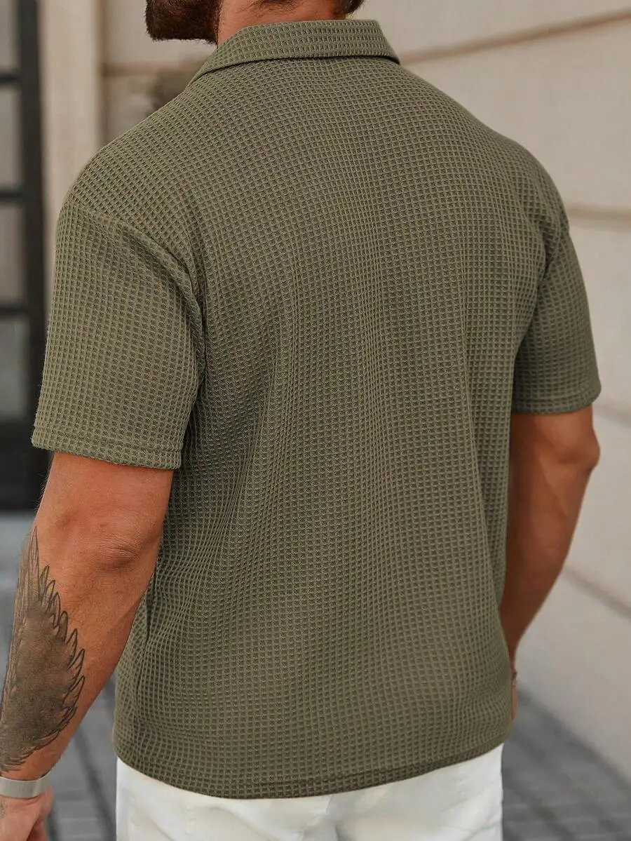 

Mens Casual Solid Color Short Sleeve Waffle Knit Shirt Khaki Summer