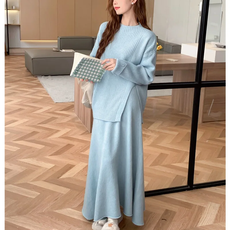 [EWQ] Long Sleeve O-neck Slit Sweater And High Waist Skirt Solid Casual Women Knit Set Clothing 2024 Autumn New Fashion 16O2197