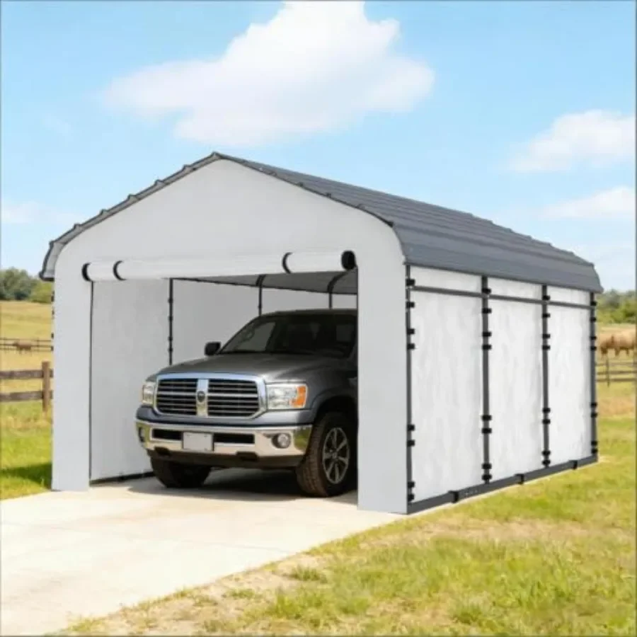 Durable Replacement Sidewall Panel with Roll-Up Zipper Door for 10x15 Carports, Waterproof Polyethylene Cover with Hoop-Loop Fa