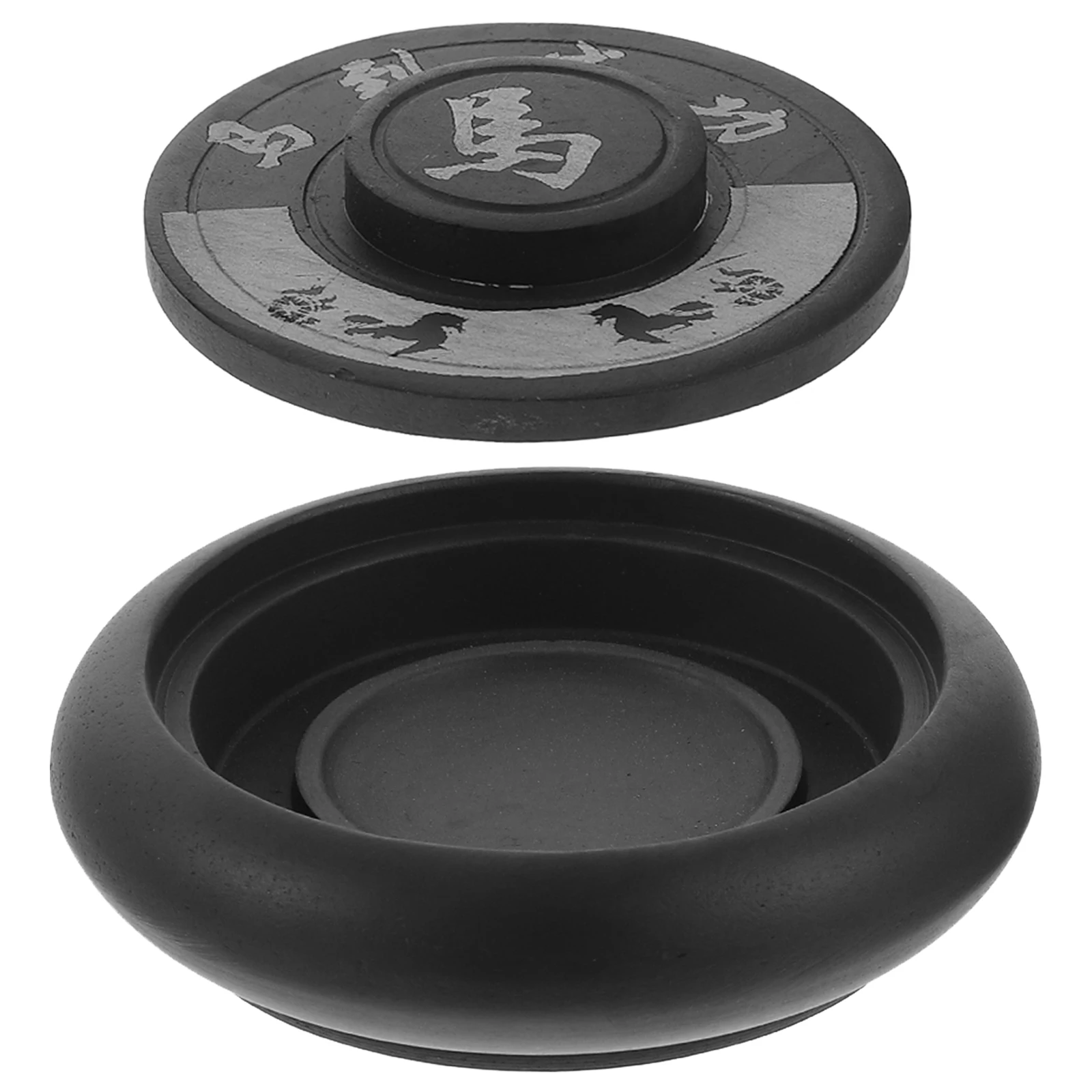 Student Chinese Inkstone Dragon Pattern Round Lid Traditional Calligraphy Accessory 4 Inch Ink Grinding Supplies Portable