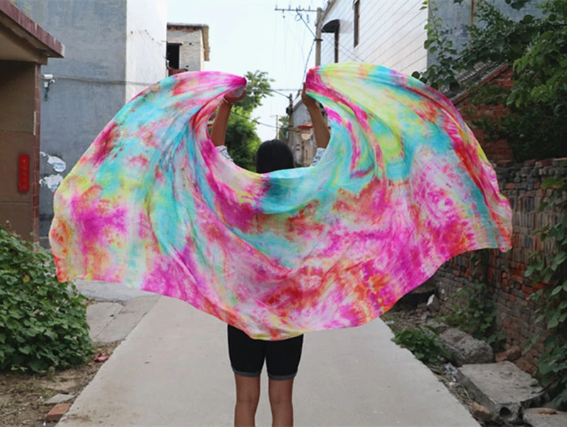 جديد التعادل صبغ الرقص الشرقي 100% الحجاب الحرير الحقيقي لطيفة التدرج اللون الحرير وشاح اليد لأداء مرحلة الرقص 2.5x1.14 متر الحجم