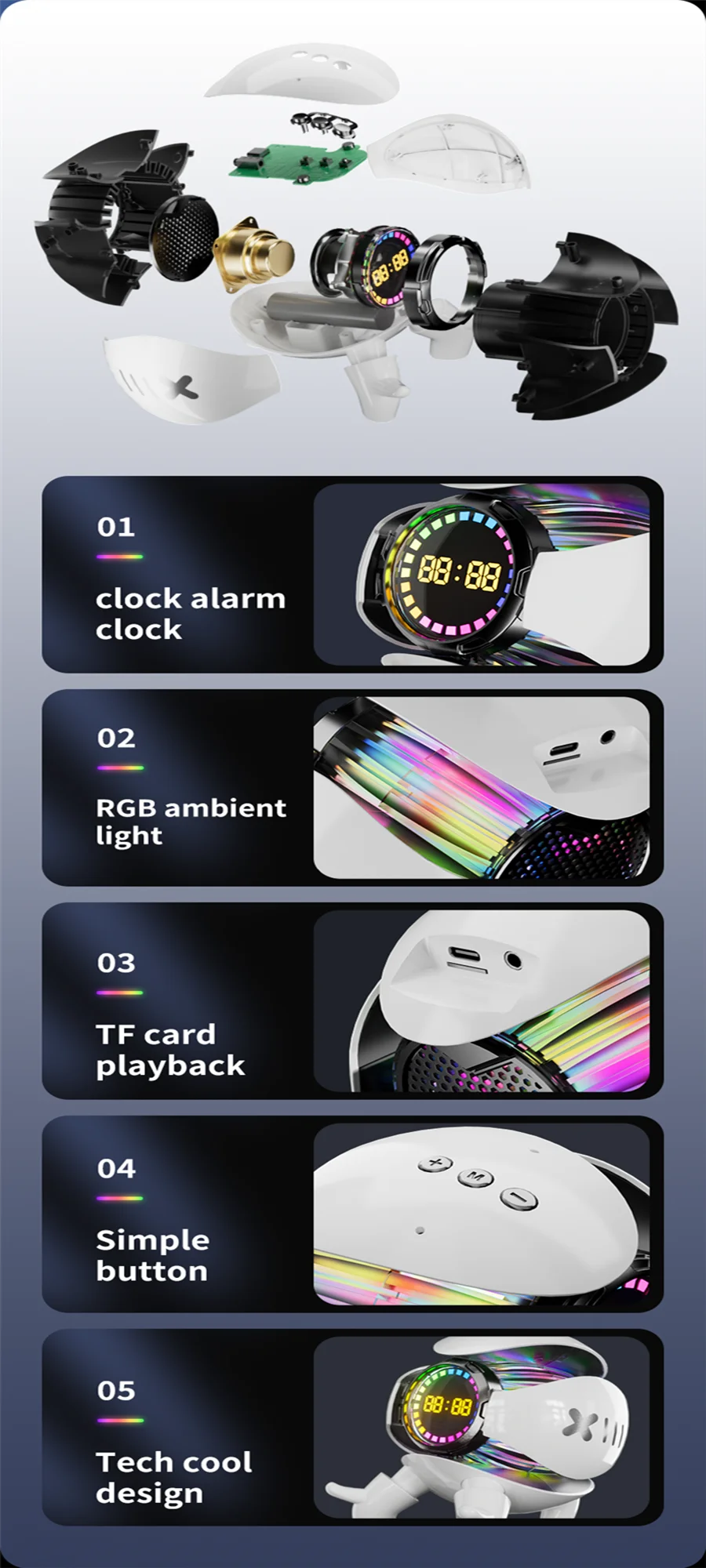 หุ่นยนต์มอนสเตอร์ลําโพงบลูทูธนาฬิกาปลุกสเตอริโอแบบพกพา AI Interactive Audio TF Card วิทยุ FM ลําโพงซับวูฟเฟอร์ไร้สาย