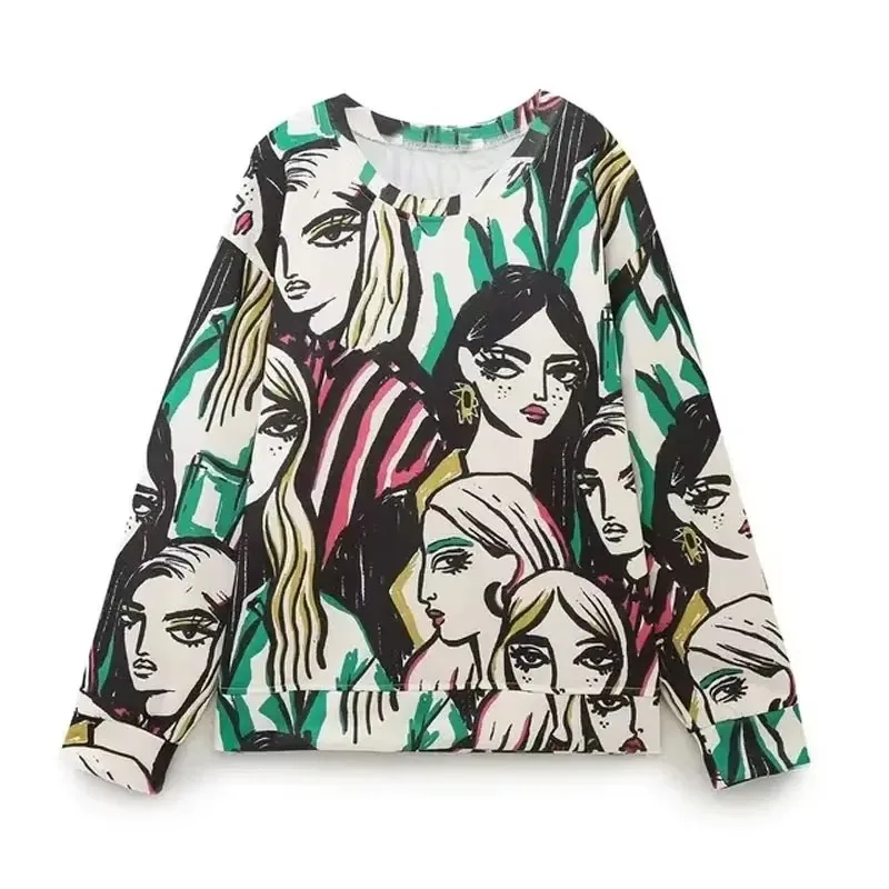 Women New Fashion Loose Print Basic Casual Sweatshirts Vintage Neck Long Sleeve Female Pullovers Chic Tops