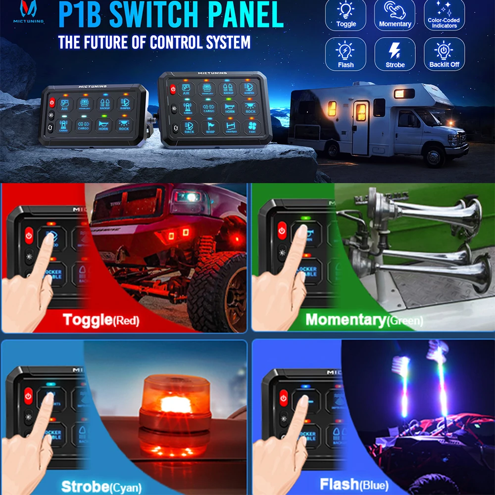 MICTUNING 12/24V 8/12 Gang Switch Panel Blue Toggle Touch On-Off Circuit Control Relay Box, Color-Coded LED Indicator  for Car