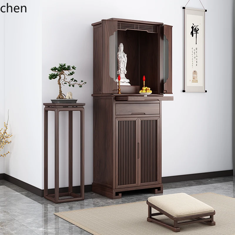 ZML black walnut solid wood Buddhist niche stand cabinet with door, household God of Wealth Guanyin Shrine Buddhist cabinet