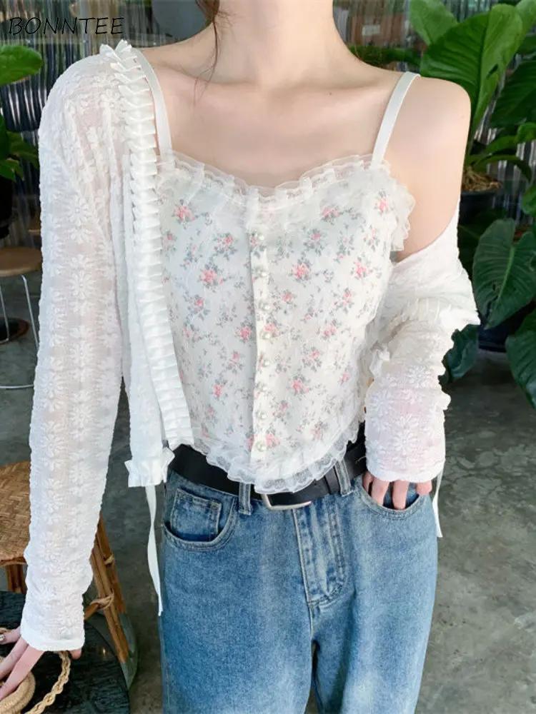 Camisole Sets Women Flowers Lace-up Sweet All-match Sunscreen Designed Spring Elegant Vintage Korean Style Special Charming Ins