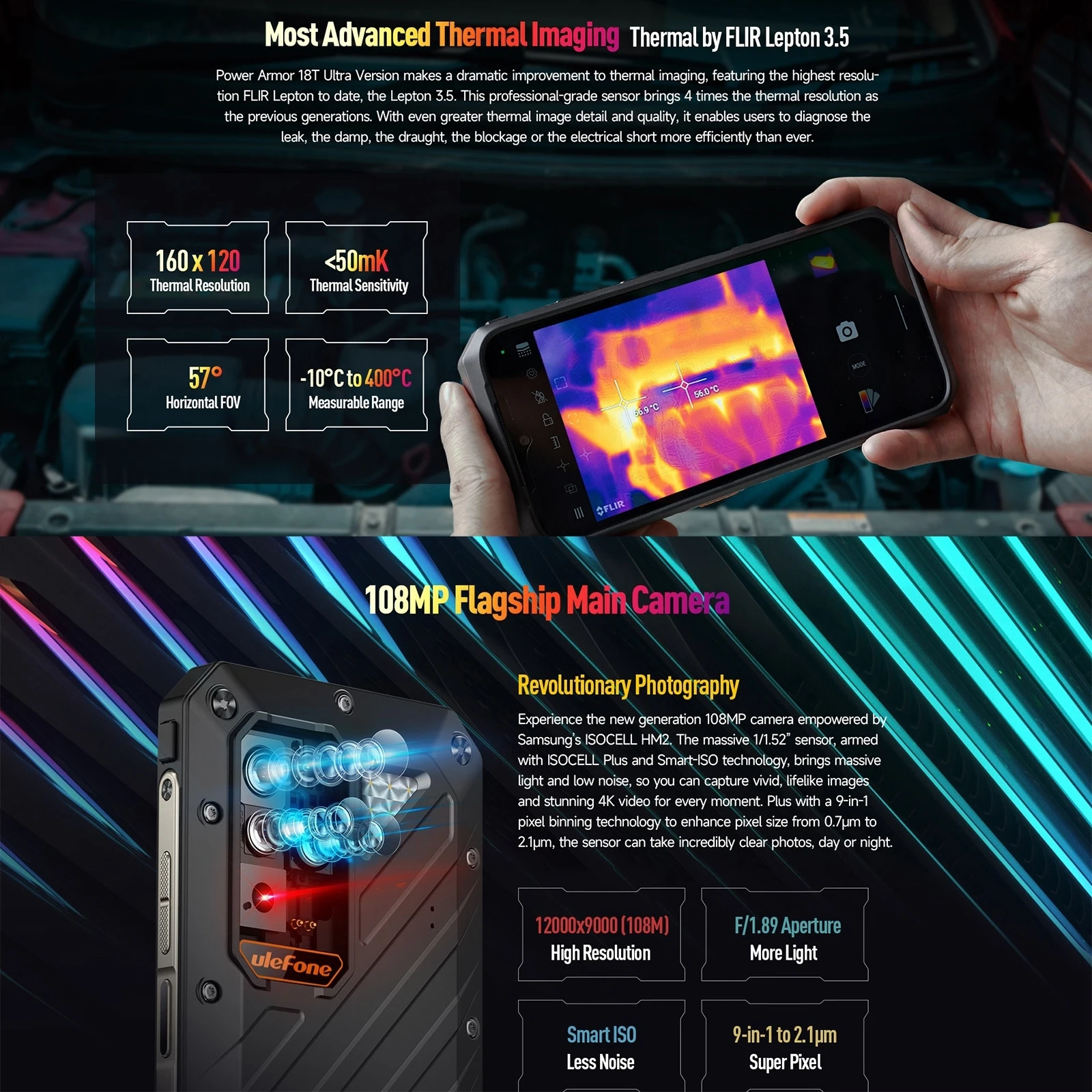 Imagem -03 - Ulefone-power Armor 18t Ultra 5g Smartphone Robusto Câmera de Imagem Térmica Flir Android 13 6.58 12gb Mais 512gb®nfc 9600mah 66w 108mp