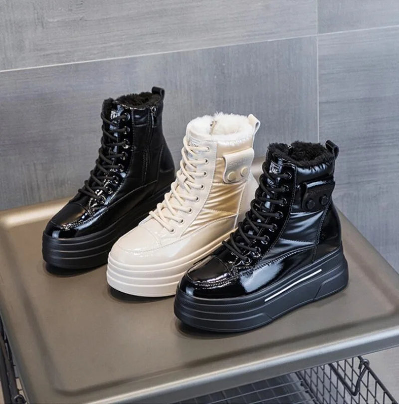 

Осень-зима 9 см коровья натуральная кожа пуховая ткань женские ботильоны на платформе на танкетке женская плюшевая теплая обувь зимние сапоги