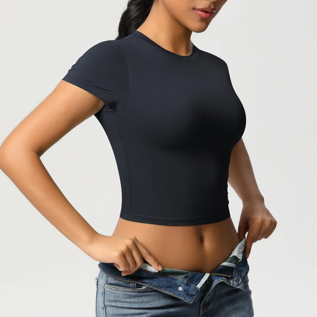 Frauen Sport Shirt Kurzarm Gym Top Workout Kleidung Hohe Elastische Active Wear Femme Lauf Zubehör Fitness T-shirt – Detail 17