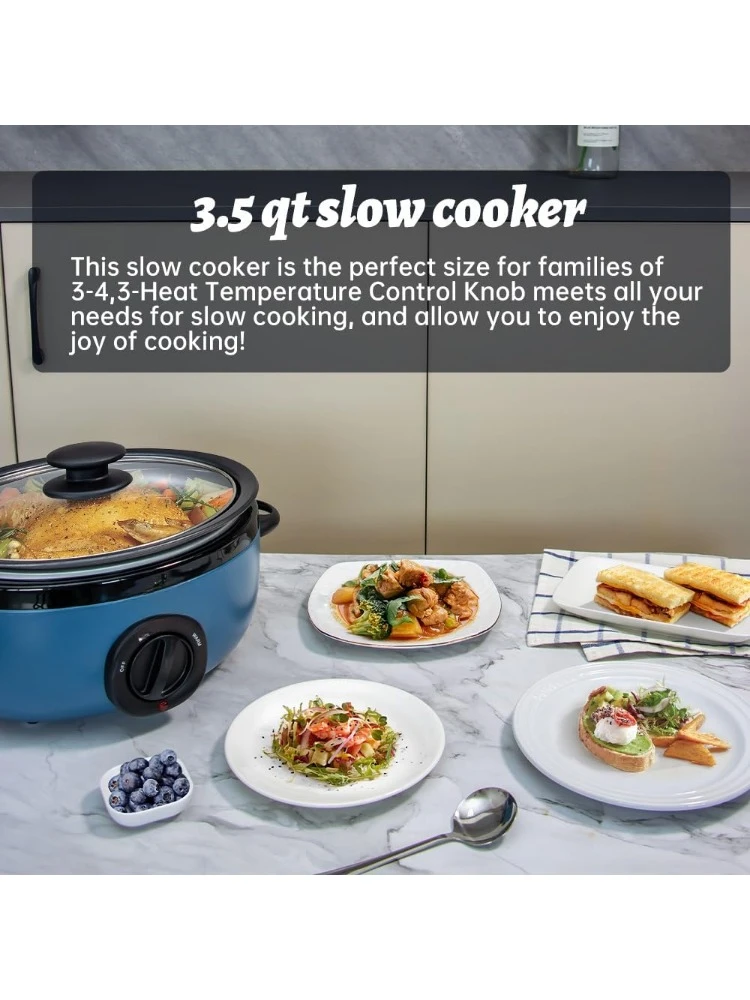 3.5 Quart Slow Cooker Blue Uniform Heating,Non Stick Pot,Aluminum, Makes Your Food More Delicious.Suitable as a Gift for Wives