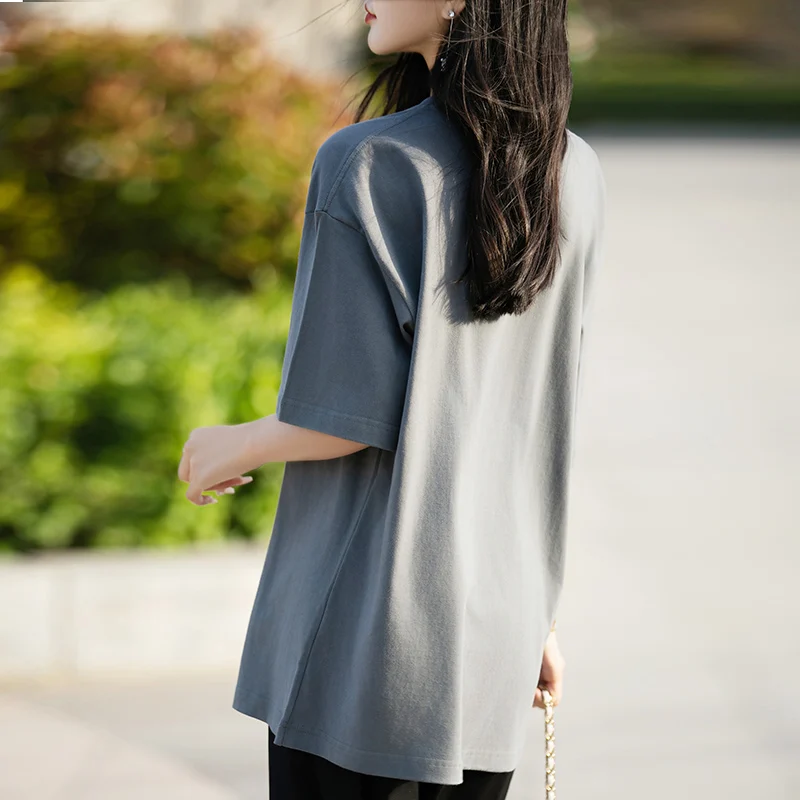 T-shirt da donna Estate 2025 Nuovo 100% cotone O-Collo Stili lunghi Moda casual Top T-shirt femminile elegante di lusso