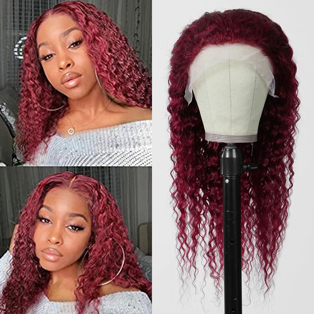 

Deep Wavy Lace Human Hair Wig 13x4 Lace Frontal Wig Wine Red Colored Human Hair Pre Plucked for Black Women 24 Inch Wig