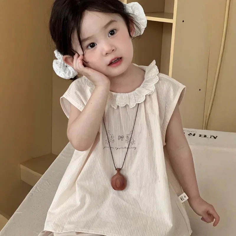 

2025 Summer New Children's Clothing Korean Version Girls' Cute Doll Shirt Children's T-shirt Short Sleeved Lace Shirt