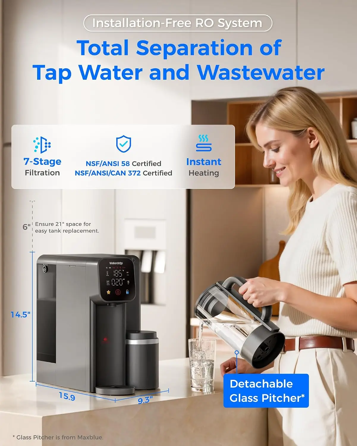 M6H Instant Hot Countertop RO Water Filter System, Glass Pitcher | NSF/ANSI 58 Certified, 7-Stage RO Filtration, Reduce
