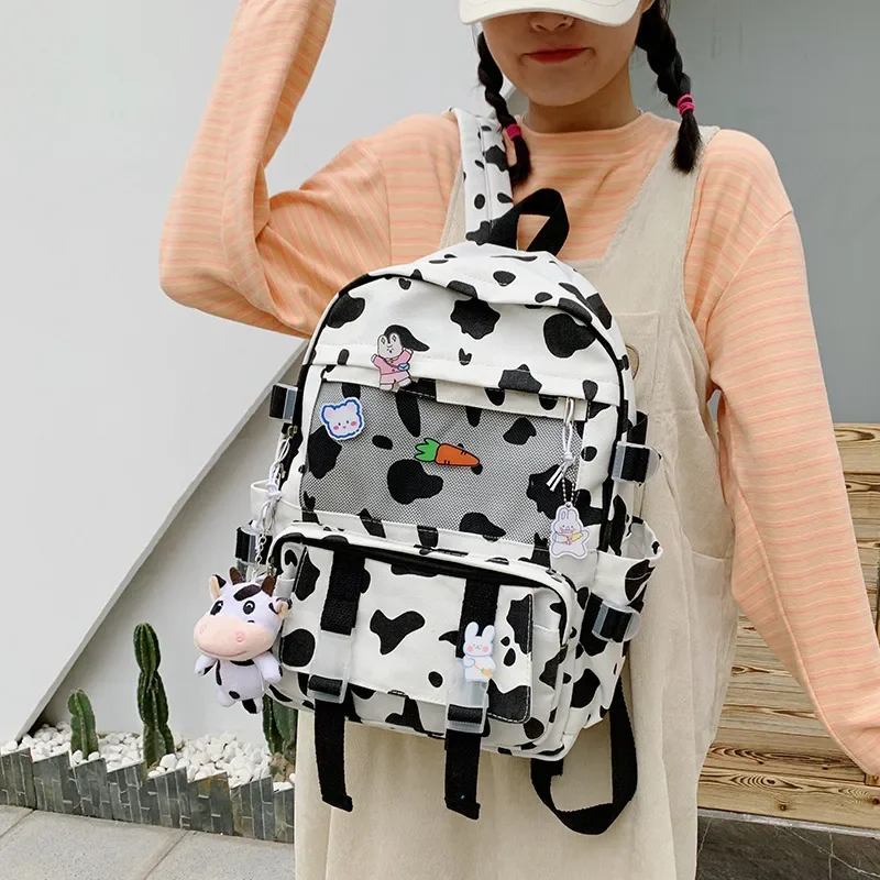 Cow pattern cute girl schoolbag funny campus large capacity backpack Korean version student canvas backpack