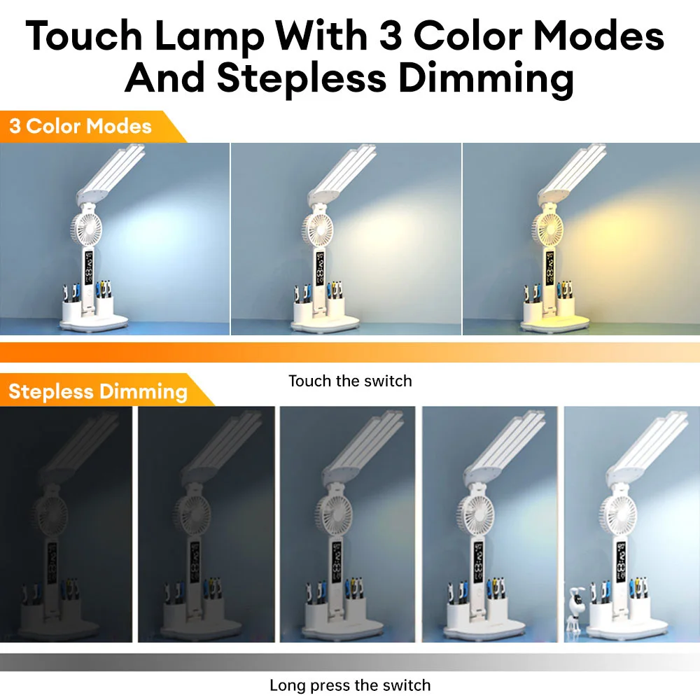 Imagem -04 - Multifunções Led Abajur 4-salto de Luz Dobrável com Ventilador Calendário e Relógio Usb Recarregável Desk Lamp Cores Lâmpada de Leitura