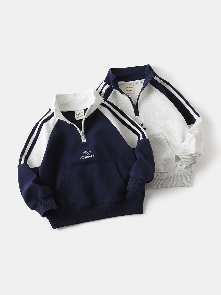Sporty Children's Half Zip Sweatshirt Autumn Color Block Long Sleeve Pullover With Airplane Embroidery Casual Boys Outerwear