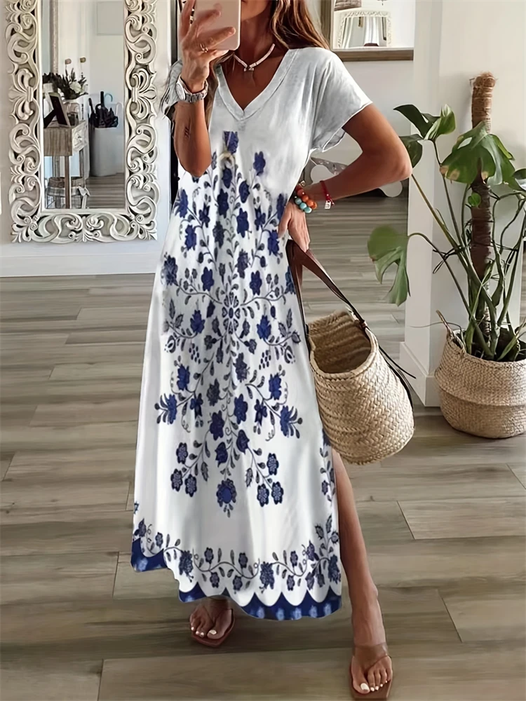 خمر هندسية غير النظامية المطبوعة تي شيرت طويل المرأة الصيف الخامس الرقبة قصيرة الأكمام ألف خط فستان عطلة عادية شق فساتين طويلة