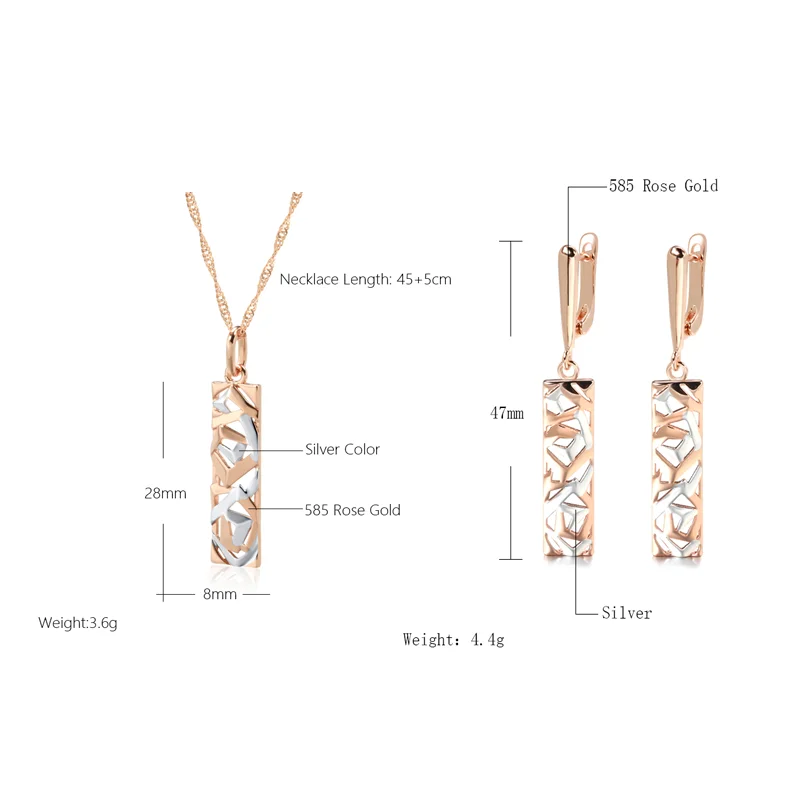 Wbmqda New Fashion Square Hollow Long Dangle Earrings Necklace For Women 585 Rose Gold Silver Color Mix Daily Fine Jewelry Sets