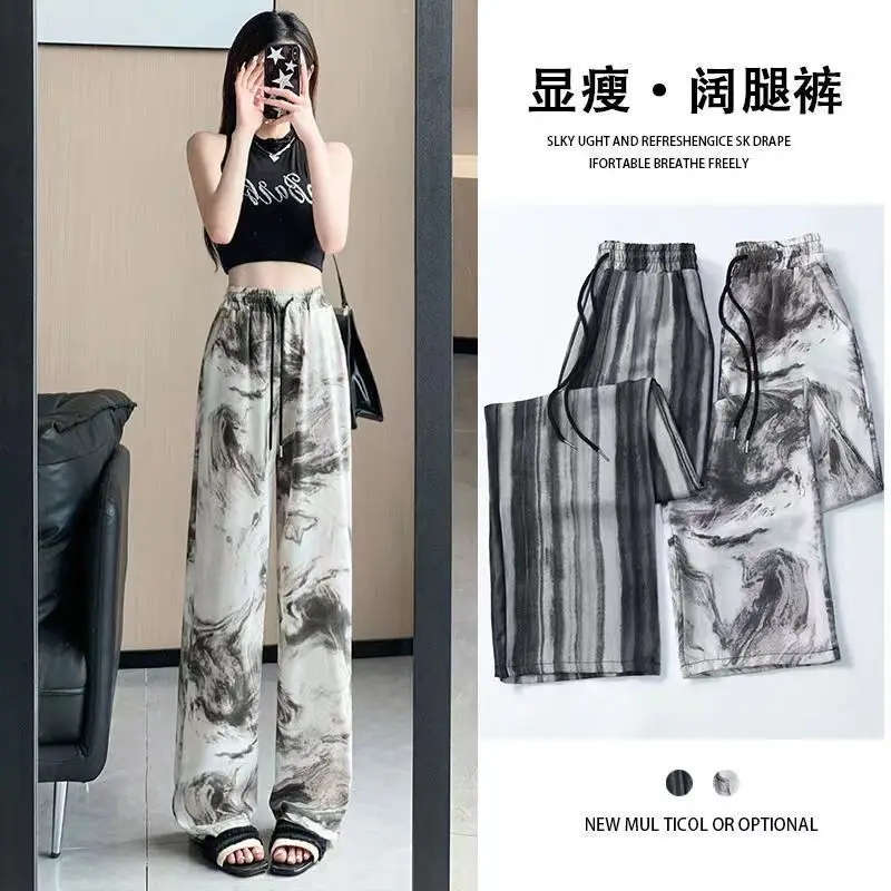 

High-End Grey Ink-patterned Wide-leg Pants for Women Summer Thin Ice Silk Loose Casual Fashionable Trousers