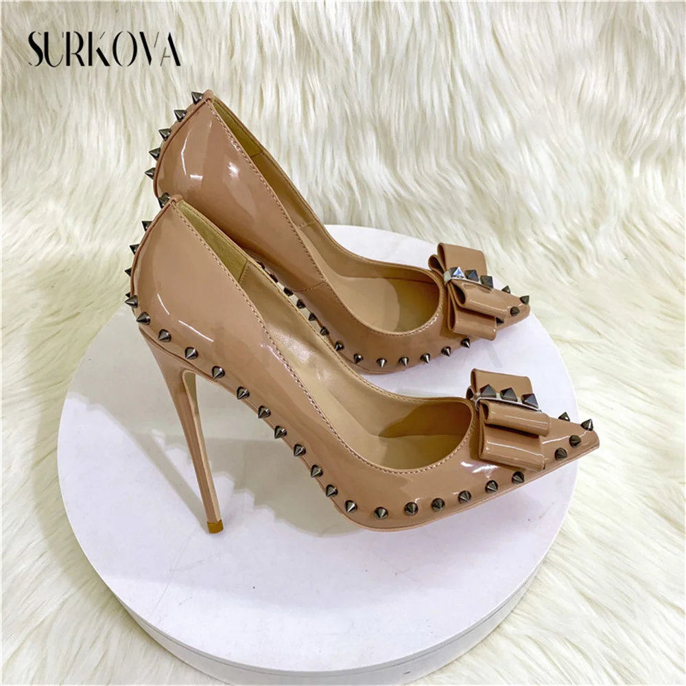 

New American Style Punk Fashion High Heels Pumps for Women Rivet Bow Pointed Toe Stilettos Ladies Prom Dress Shoes Women's Shoes