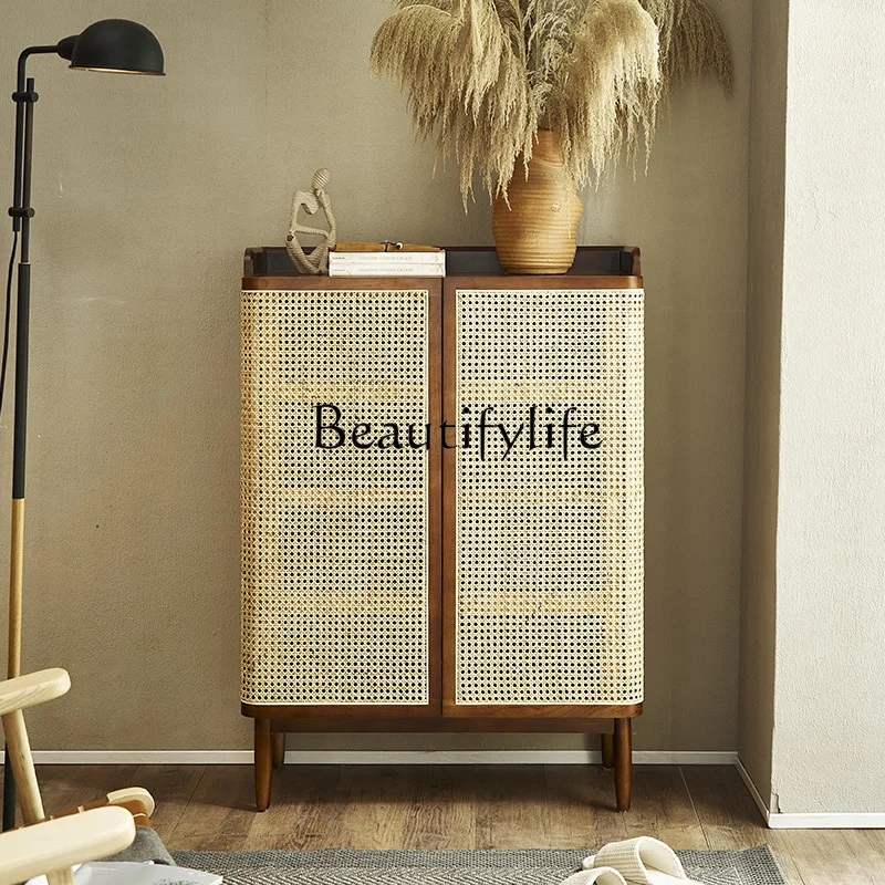 Sapateira de madeira maciça Rattan, Entrada Storage Locker, Apartamento pequeno
