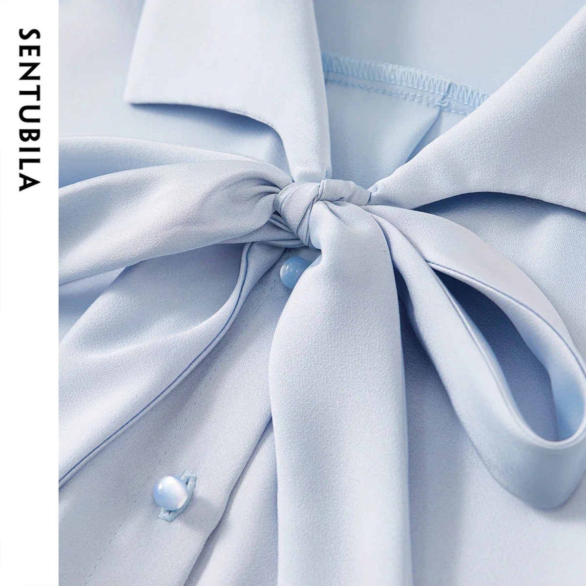 SENTUBILA Women Bow Tie Shirt 2025 Spring Fall Office Lady Petal Sleeve Satin Draped Shirts & Blouses Female Clothes 151C57896