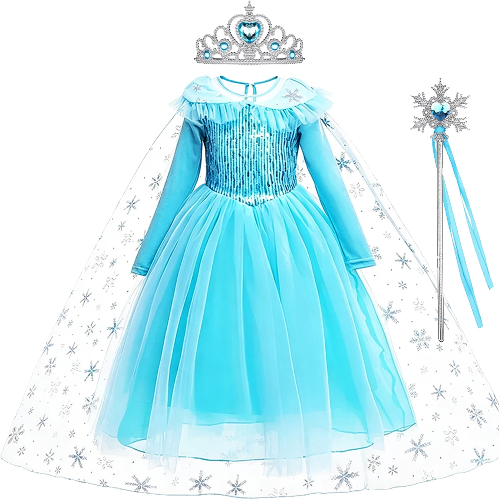 Girls Dusty Blue Long Sleeve Ball Gown Snowflake Print Cape Fancy Dress Costume for Kids Book Week Parade Halloween Birthday