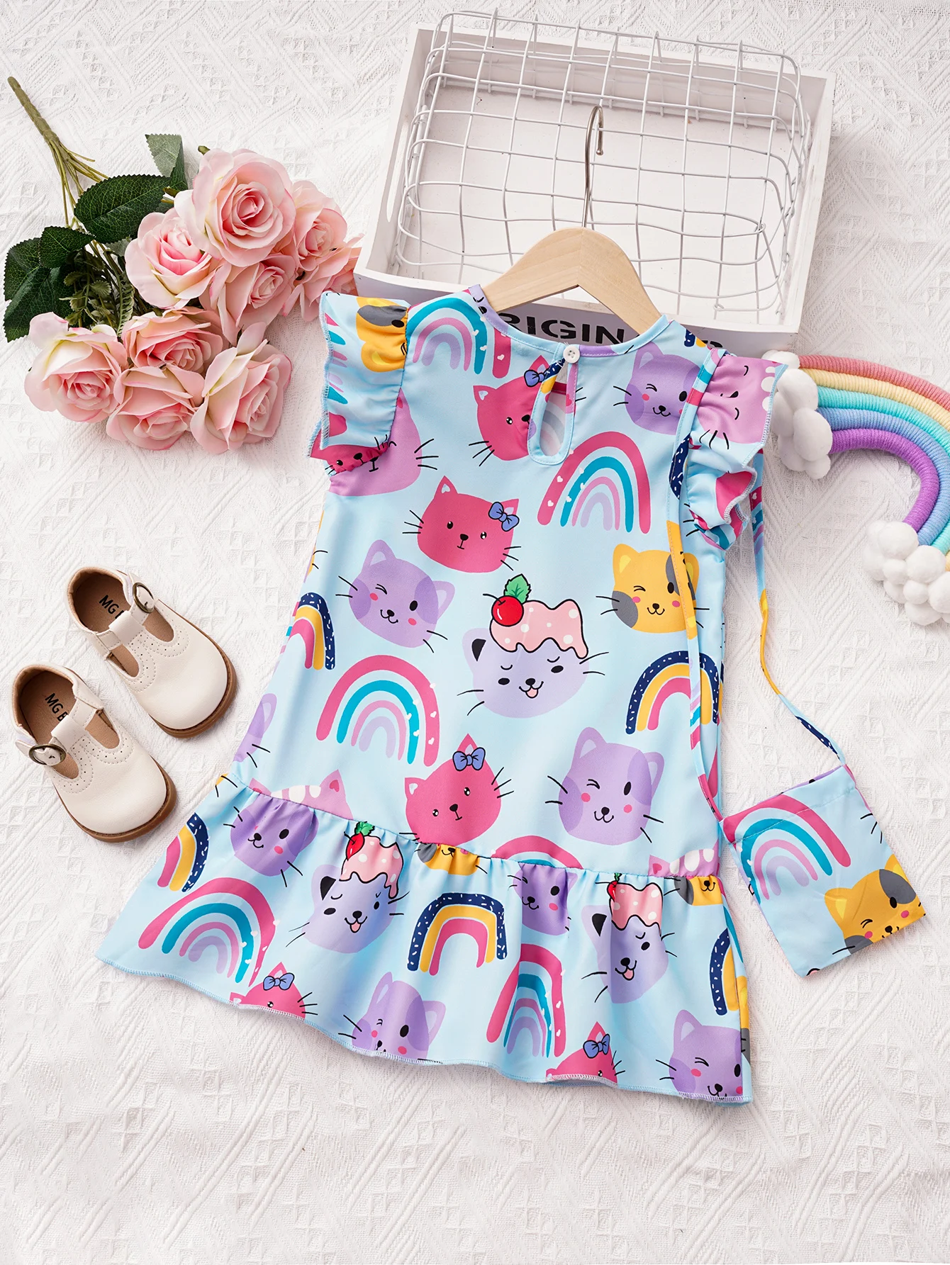 Summer Girls' Dress Round Neck Flying Sleeve Cartoon Print Dress Girls' New Cute T-shirt Dress Daily Casual Dress 4-7Y