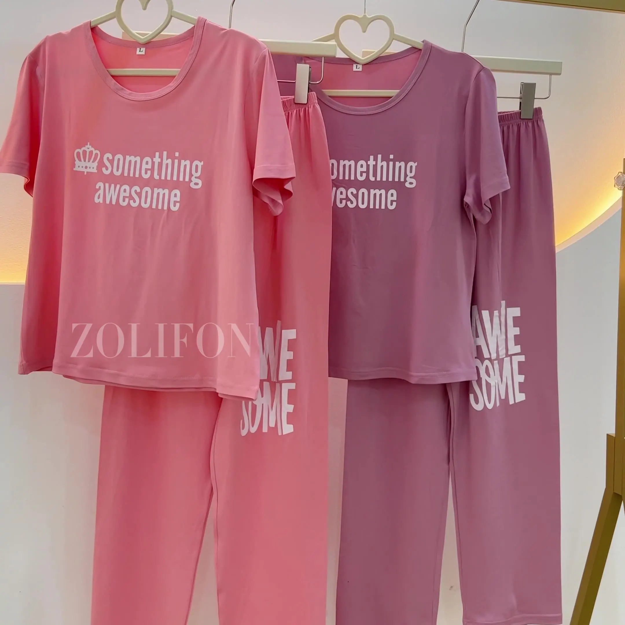 Women's Pajamas Stretchy Casual Comfortable Pink Printed Top and Pants Sleepwear Homewear Ladies Nightwear Europe and America 6