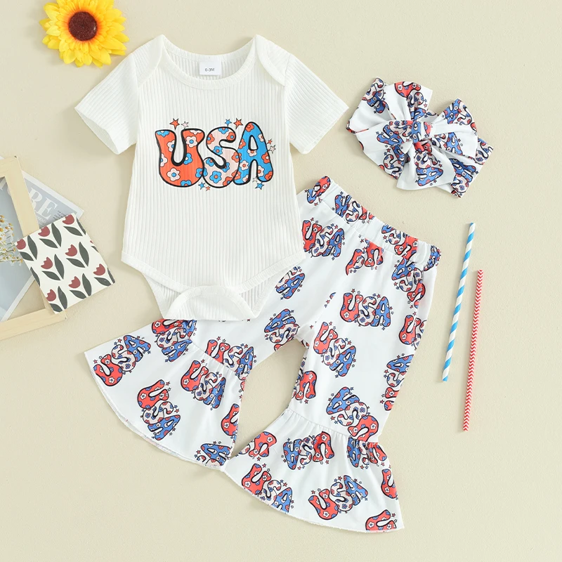 

BULINGNA Infant Baby Girl 4th of July Outfit Short Sleeve Letter Print Romper Cow Floral Flare Pants Western Cowgirl Clothes