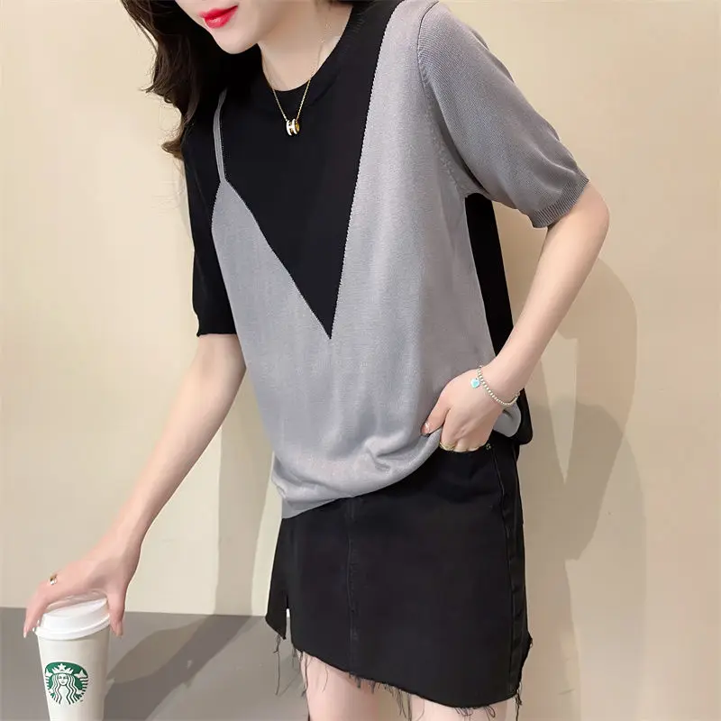 Temperament Color Matching Ice Silk Blouse Summer Short Sleeve O-collar Loose Office Korean All-match Lady Pullover Shirt