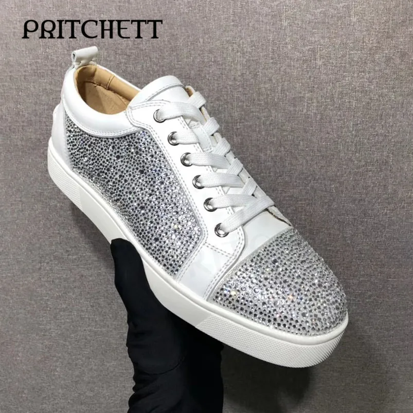 

Rhinestone Lace Up White Casual Shoes Round Toe Luxury Daily Men's Shoes Large Size Comfortable Fashionable Casual Shoes