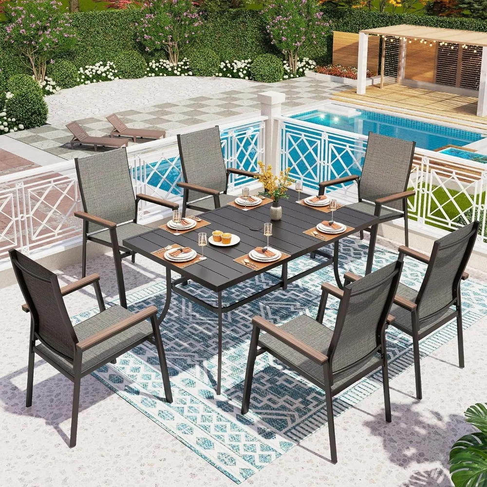 طقم طعام فناء 7 قطع، أثاث خارجي يتسع لـ 6 أشخاص، طقم أثاث معدني للفناء مع طاولة طعام 59 × 35.4 و6 ألومنيوم #1