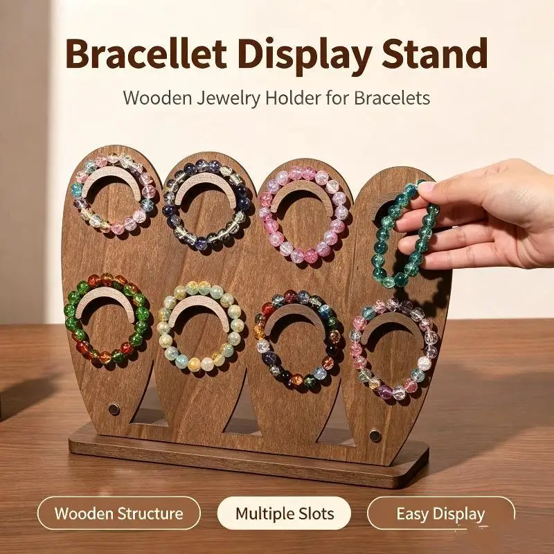 Non-slip Wood Bangle Display Tray Bracelet Organizer Multi-slot Jewelry Storage Stand for Necklace Ring Bedroom Vanity Use - view 2