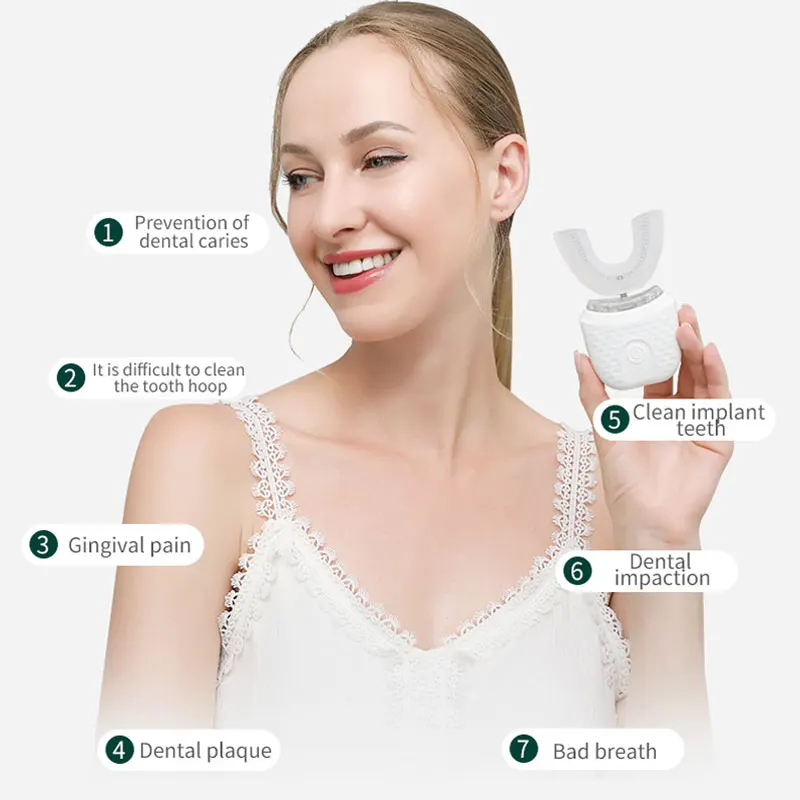 Chữ U Âm Bàn Chải Đánh Răng Điện 360 Độ Tự Động Thông Minh 3 Chế Độ Chải USB Bộ Cốc Sạc Làm Trắng Răng Ánh Sáng Xanh Dương