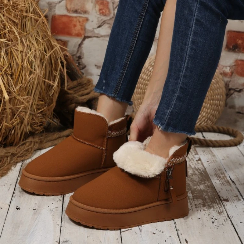

Теплые утепленные плюшевые зимние ботинки, женские зимние ботинки на молнии и нескользящей платформе, женские хлопковые ботильоны на толстой подошве, большие размеры 42