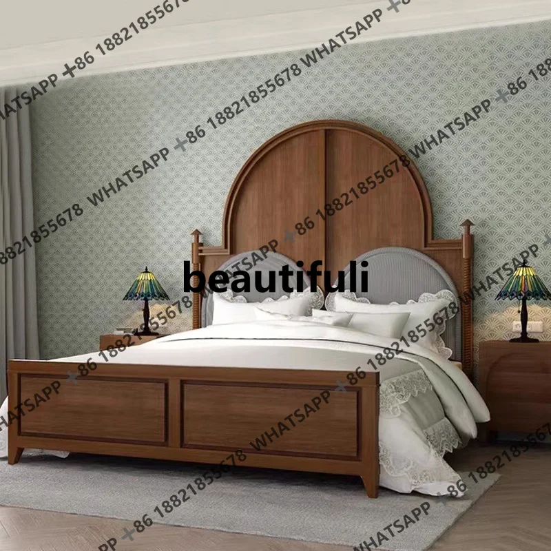 

Французская винтажная мебель из цельного дерева, главная спальня, высокая спинка, винтажная американская двуспальная кровать из красного дуба