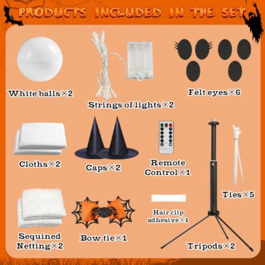 Includes What Balls, String of Lights, Felt Eyes, Cloths, Caps, Remote Control, Sequined Netting, Bow Tie, Hair Clip, Zip Ties, and Tripods