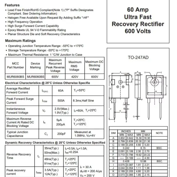 (10 pcs) MUR6060BS-BP TO-247AD MUR6060BS - Ultrafast Recovery Diode 600V 60A 50ns